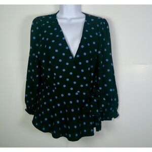 OLM WOMEN BLUE POLKA DOT V-NECK 3/4 SLEEVE BLOUSE. SIZE M